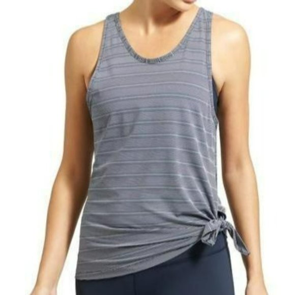 Athleta Max Out Tank Top XL Blue Grey White Stripe Side Tie Dip Back Athleisure - Picture 13 of 13